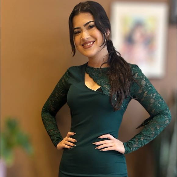 Hunter Green Lace Long Sleeve Mini Cocktail Dress NWT - Picture 4 of 12